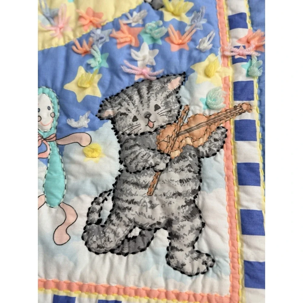 Vintage 90s Baby Crib Quilt Blanket Cow Teddy Bear Moon Stars Ruffle 47x26.5